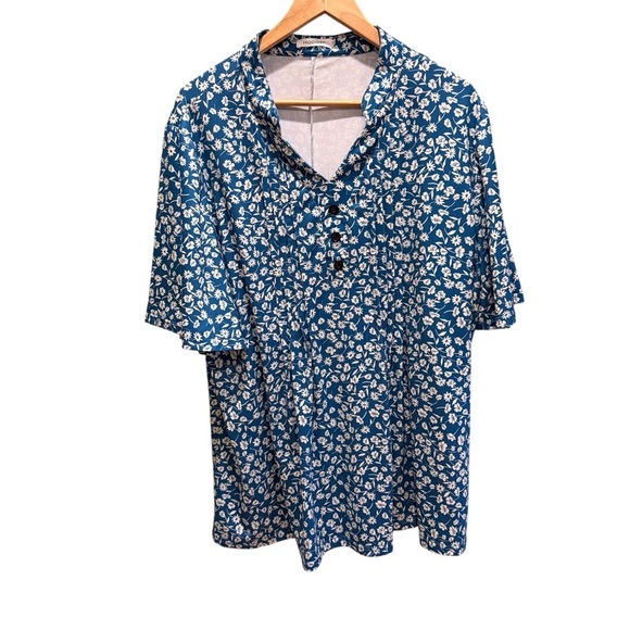 HOCOSIT Women's Floral Short Ruffle Sleeve Pleated V Neck Button Tunic Top 2X - Picture 6 of 14